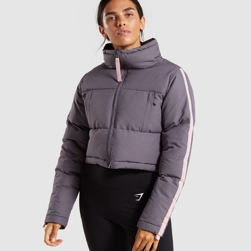 Gymshark Grey Oversized Cropped High Neck Full Zip Canvas Puffer Jacket